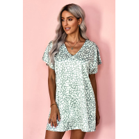 Green V-Neck Half Sleeve Leopard Casual T Shirt Dress with Pockets