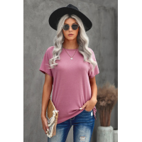 Pink Round Neck Short Sleeve Solid Color Tee