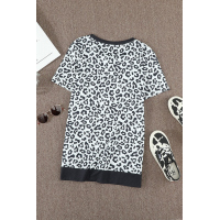 White Crew Neck Leopard Side Split T-shirt