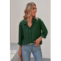 Green Long Sleeve Button Fuzzy Polka Dot Shirt