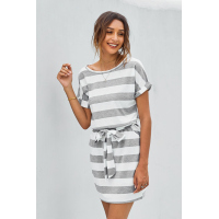 Gray Stripes Pocketed T-shirt Dress with Belt