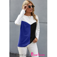 Blue Color Block Splicing O-Neck Blouse