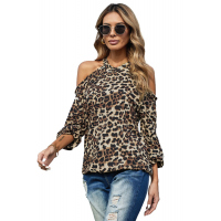 Leopard Print Halter Neck Cold Shoulder Pullover Top