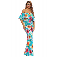 Turquoise Roses Print Off-the-shoulder Maxi Dress