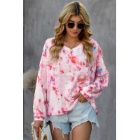 Pink Tie-dye V Neck Long Sleeve Top