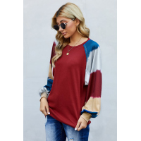 Red Lantern Sleeve Color Block Pullover Loose T-shirts