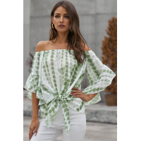 Green Tie Dye Plaid Off Shoulder Blouse