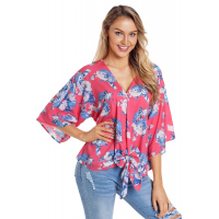 Rose Flowery Print Tie Front Kimono Sleeve Blouse