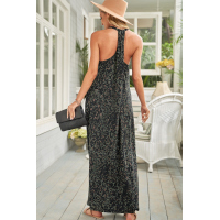 Green Leopard Sleeveless Cut-out Pocketed Maxi Dress