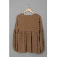 Brown V Neck Polka Dot Lantern Sleeve Top