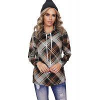 Gray Color Block Plaid Cowl Neck Long Sleeve Top