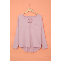 Pink V Neck Washed Grommet Top