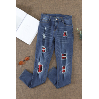 Red Plaid Patch Destroyed Skinny Jeans