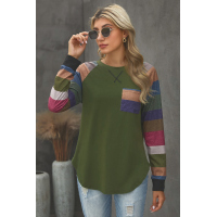 Green Color Block Striped Pocket Long Sleeve Top