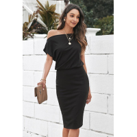 Black Boat Neck Knit Midi Dress 