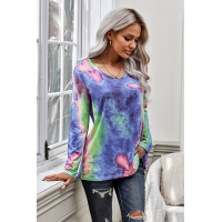 Blue Tie-dye V Neck Long Sleeves Top