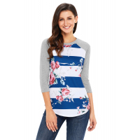 Blue White Bold Stripe Rose Floral Top