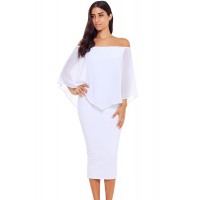 White Off Shoulder Sleeve Detail Bodycon Midi Dress