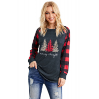 Leopard Christmas Tree Print Splice Red Plaid Long Sleeve Top