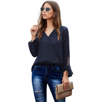 Black V Neck Ruched Tie Sleeve Top