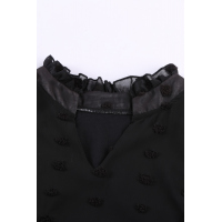 Black Ruffled Split Neck Lace Hollow Out Puff Sleeve Polka Dot Blouse