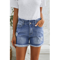 Sky Blue High Rise Ruffle Waist Denim Shorts