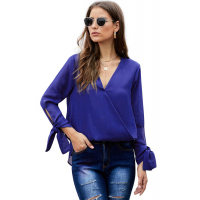 Blue V Neck Ruched Tie Sleeve Top