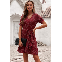 Red Bohemian Dotted Print Wrap V Neck Ruffled Mini Dress 