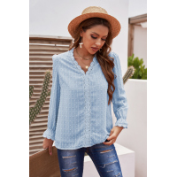 Sky Blue Elegant V-Neck Swiss Dot Lace Blouse