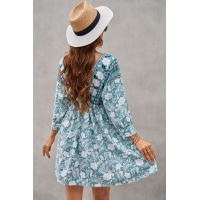 Green V Neck 3/4 Sleeve Bohemian Vintage Print Mini Dress