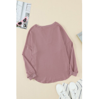 Pink Buttoned V Neck Cotton Loose Fit Top