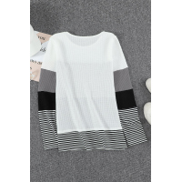 Gray Stylish Colorblock Splicing Stripes Top