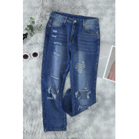 Blue Fading Distressed Holes Crop Jeans