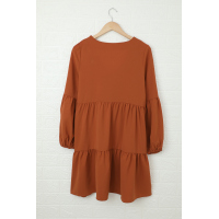 Brown Ruffle V-Neck Flowy Loose Tunic Dress