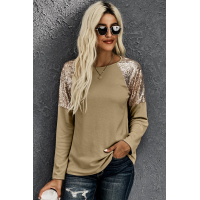 Apricot Sequin Shoulder Long Sleeve Top