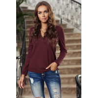 Wine V Neck Cotton Blend Long Sleeve Top