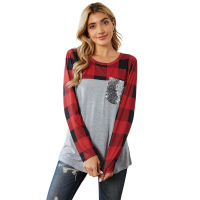 Plaid Print Patchwork Gray Long Sleeve Top