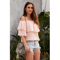 Pink Soft Breeze Frilling Off-shoulder Top