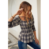 Gray Plaid Shirring Square Neck Puffed Short Sleeve Top with Tie Detail