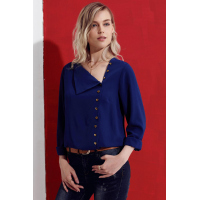 Navy Turndown Collar Asymmetric Button Up Blouse