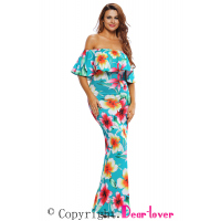 Turquoise Roses Print Off-the-shoulder Maxi Dress