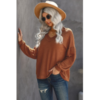 Brown Billowed Sleeve Thermal Knit Top