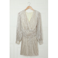 Apricot Deep V Neck Lantern Sleeve Sequin Dress