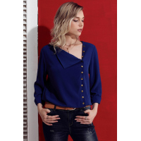 Navy Turndown Collar Asymmetric Button Up Blouse