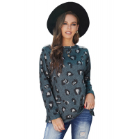 Leopard Print Pullover Long Sleeve Top with Slits