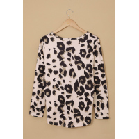 Khaki Casual Leopard Print Long Sleeves T-shirt