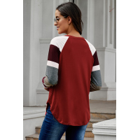 Color Block Long Sleeves Burgundy Pullover Top