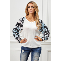 White Leopard Sleeve V Neck Waffle Top