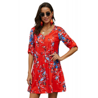 Orange V Neck 3/4 Roll Sleeve Button Floral Dress