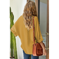 Yellow V Neck 3/4 Sleeve High Low Hem Shirt